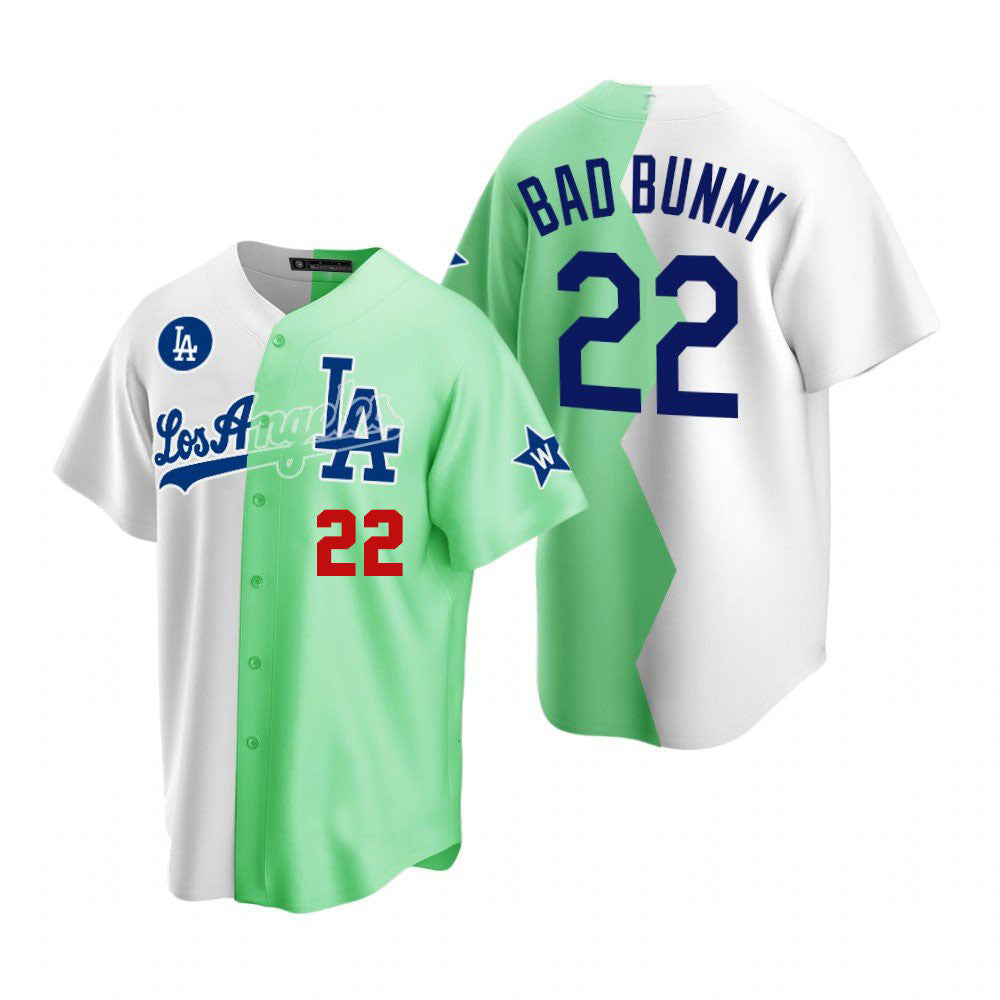 Baseball #22 Bad Bunny Los Angeles Dodgers White Green 2022 Stitched Split  Jersey