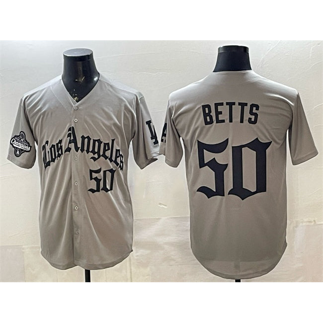 Los Angeles Dodgers #50 Mookie Betts Grey KLUNKIM LA Gothic Style With 2025 World Series Champions Patch Limited Stitched Jersey