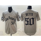 Los Angeles Dodgers #50 Mookie Betts Grey KLUNKIM LA Gothic Style With 2025 World Series Champions Patch Limited Stitched Jersey