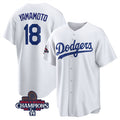 Los Angeles Dodgers #18 Yoshinobu Yamamoto White KLUNKIM 2024 World Series Champions Cool Base Stitched Jersey