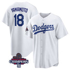 Los Angeles Dodgers #18 Yoshinobu Yamamoto White KLUNKIM 2024 World Series Champions Cool Base Stitched Jersey