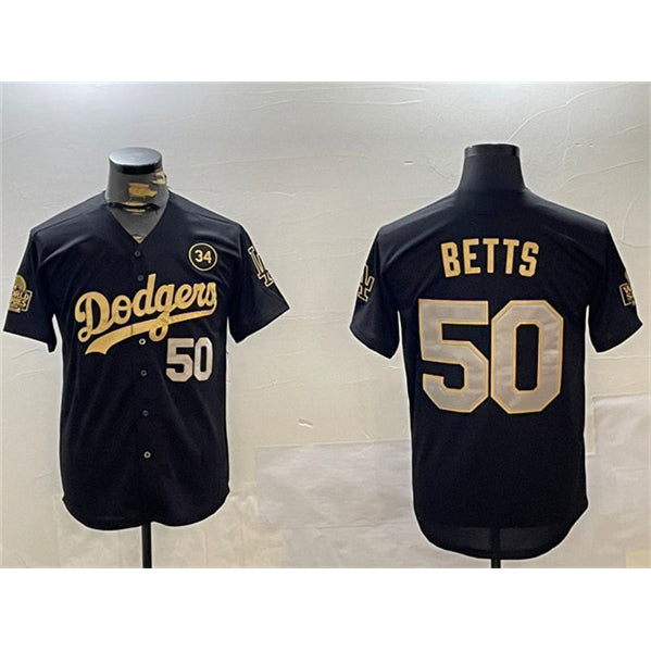 Los Angeles Dodgers #50 Mookie Betts Black Gold KLUNKIM 2024 World Series With No. 34 Patch Limited Stitched Jersey