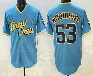 Milwaukee Brewers #53 Brandon Woodruff Powder Blue KLUNKIM 2022 City Connect Cool Base Jerse