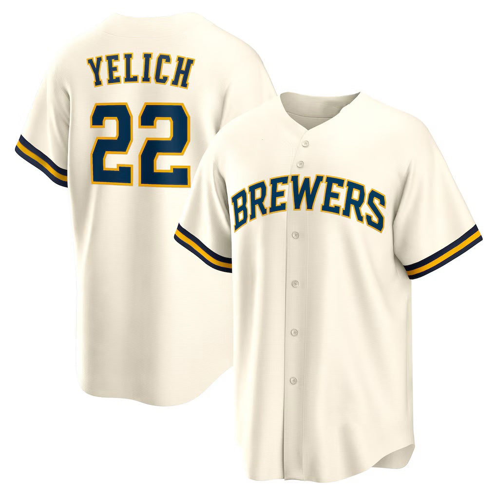 Milwaukee Brewers #22 Christian Yelich White KLUNKIM Home Replica Jersey