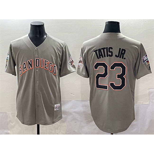 San Diego Padres #23 Fernando Tatis Jr. Gray KLUNKIM Fashion Throwback With Patch Cool Base Stitched Jersey