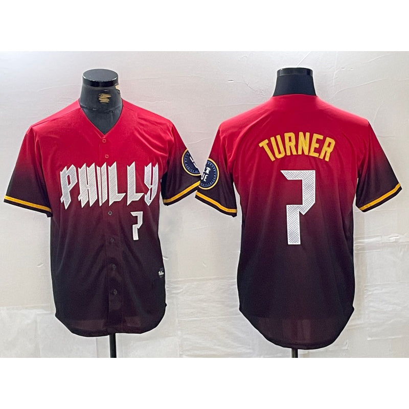 Philadelphia Phillies #7 Trea Turner Red KLUNKIM 2024 City Player Number Cool Base Jersey 2