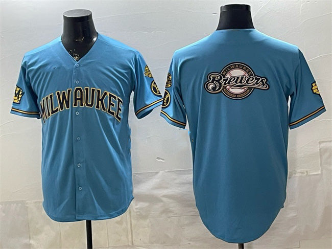 Milwaukee Brewers Team Big Logo Blue KLUNKIM With Home & Bob Uecker Patch Stitched Jersey