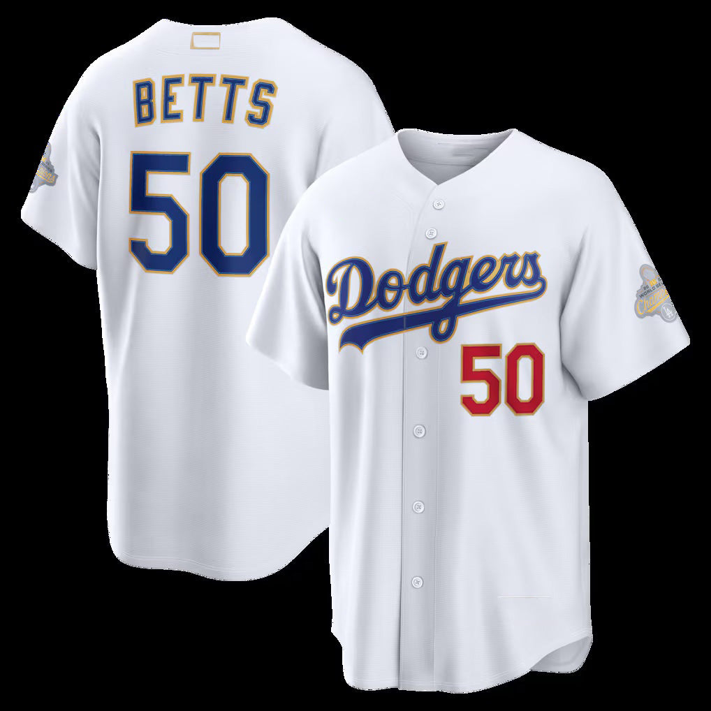 Los Angeles Dodgers #50 Mookie Betts White KLUNKIM 2026 Gold Collection Stadium Jersey