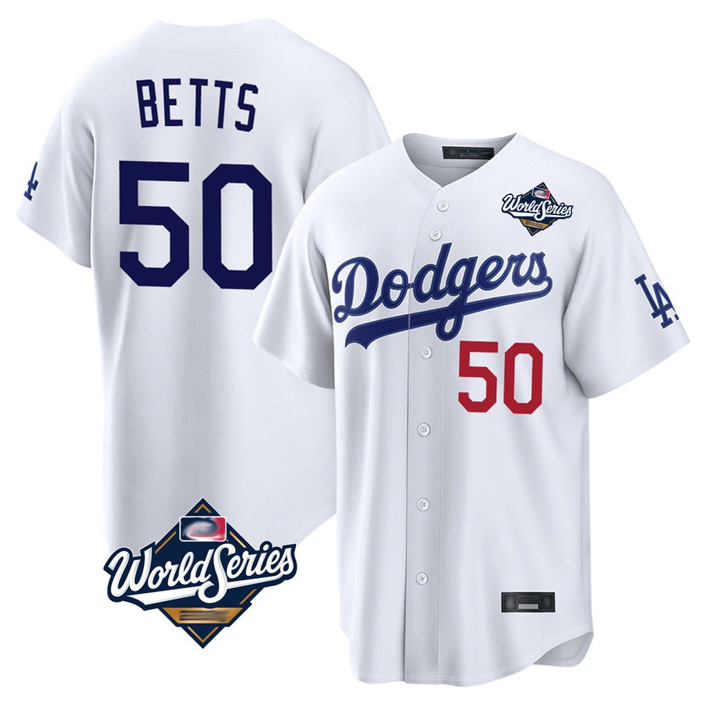 Los Angeles Dodgers #50 Mookie Betts Player White KLUNKIM World Series Home Game Stitched Jerseys