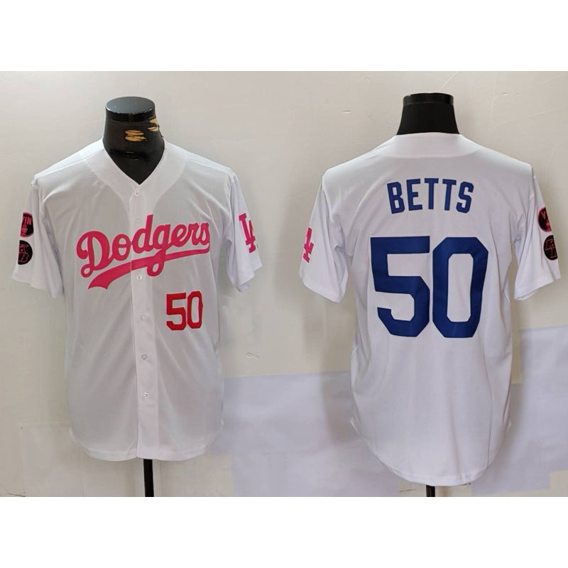 Los Angeles Dodgers #50 Mookie Betts White Pink KLUNKIM Vin & Kobe Patch Stitched Jersey 2