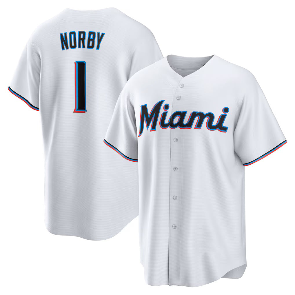 Miami Marlins #1 Connor Norby White KLUNKIM Home Replica Jersey