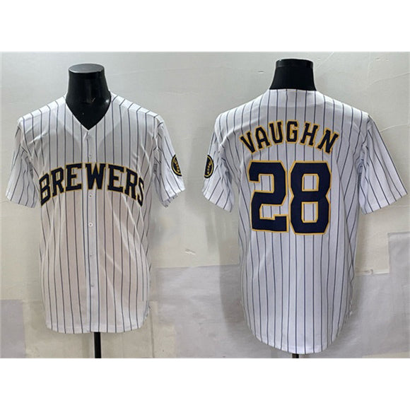 Milwaukee Brewers #28 Andrew Vaughn White KLUNKIM Pinstripe 2025 With Patch Stitched Jersey