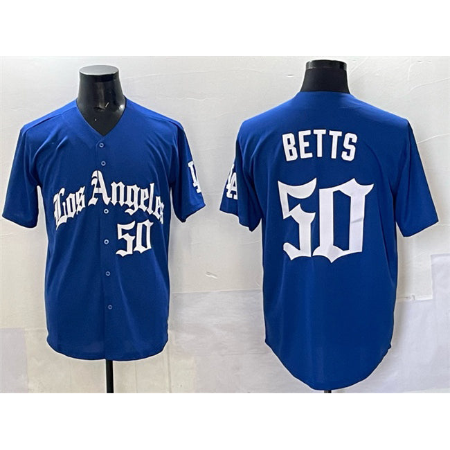 Los Angeles Dodgers #50 Mookie Betts Blue KLUNKIM 2025 LA Gothic Style With Fernando Patch Vapor Premier Limited Stitched Jersey