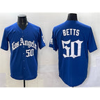 Los Angeles Dodgers #50 Mookie Betts Blue KLUNKIM 2025 LA Gothic Style With Fernando Patch Vapor Premier Limited Stitched Jersey