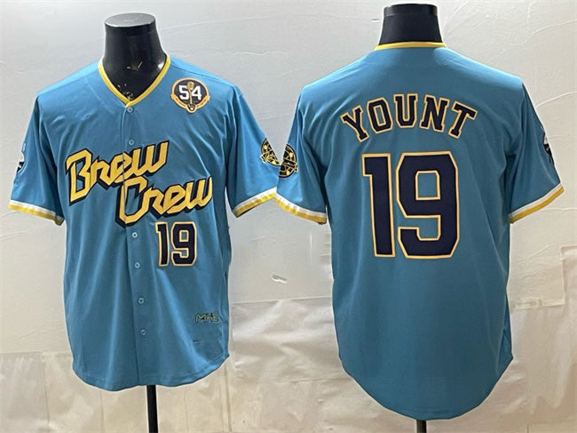 Milwaukee Brewers #19 Robin Yount Powder Blue KLUNKIM City Connect With Home & Bob Uecker Patch Limited Stitched Jersey