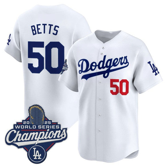 Los Angeles Dodgers #50 Mookie Betts White KLUNKIM 2025 Champions Stitched Jersey