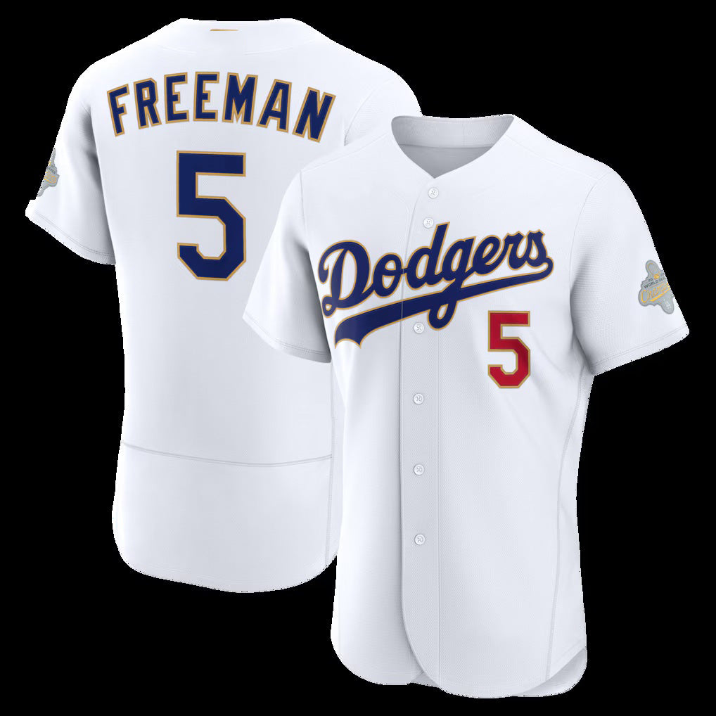 Los Angeles Dodgers #5 Freddie Freeman White KLUNKIM 2026 Gold Collection Authentic Jersey