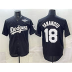 Los Angeles Dodgers #18 Yoshinobu Yamamoto Black KLUNKIM 2025 World Series Patch Cool Base Stitched Jersey