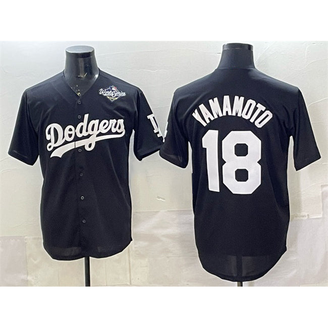 Los Angeles Dodgers #18 Yoshinobu Yamamoto Black KLUNKIM 2025 World Series Patch Cool Base Stitched Jersey