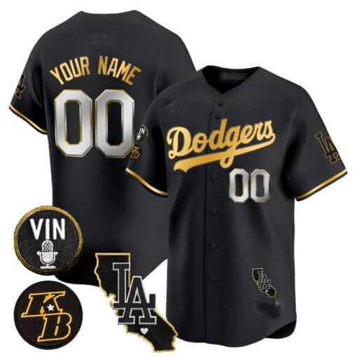 Custom Los Angeles Dodgers Vin Patch & Kobe Bryant Gold Trim Vapor Premier Limited Jersey V2 ¨C All Stitched-Black KLUNKIM