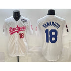 Los Angeles Dodgers #18 Yoshinobu Yamamoto White KLUNKIM Pink 2025 World Series Vin & Kobe Patch Limited Stitched Jersey