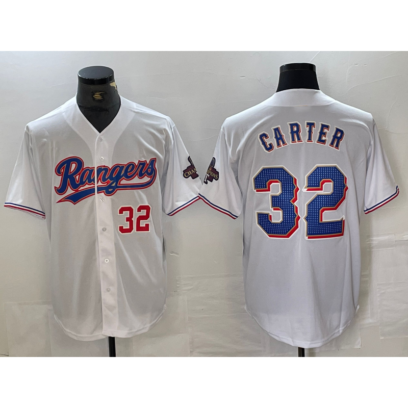 Texas Rangers #32 Evan Carter Number White KLUNKIM 2023 World Series Champions Cool Base Jersey 2