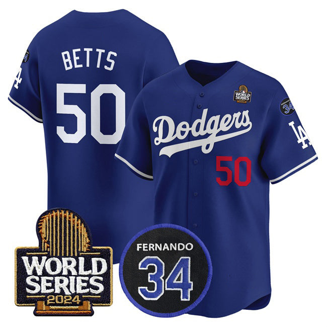 Los Angeles Dodgers #50 Mookie Betts Royal KLUNKIM 2024 World Series With Fernando Memorial Patch Limited Stitched Jersey