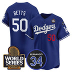 Los Angeles Dodgers #50 Mookie Betts Royal KLUNKIM 2024 World Series With Fernando Memorial Patch Limited Stitched Jersey