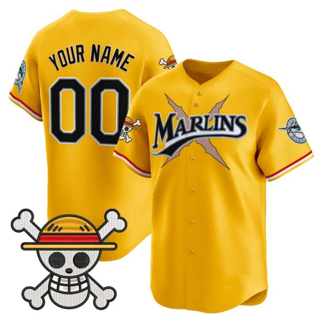 Custom Miami Marlins x One Piece Gold KLUNKIM Vapor Premier Limited Jersey - Stitched