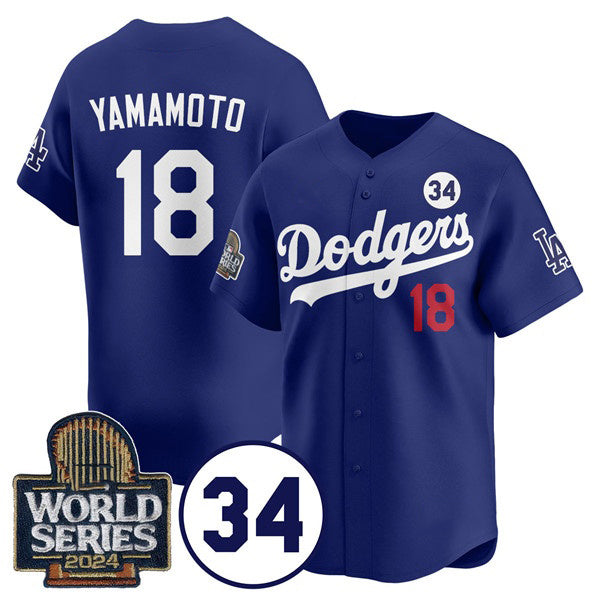 Los Angeles Dodgers #18 Yoshinobu Yamamoto Royal KLUNKIM 2024 World Series With No. 34 Patch Cool Base Stitched Jersey