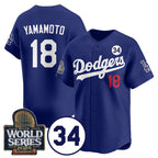 Los Angeles Dodgers #18 Yoshinobu Yamamoto Royal KLUNKIM 2024 World Series With No. 34 Patch Cool Base Stitched Jersey