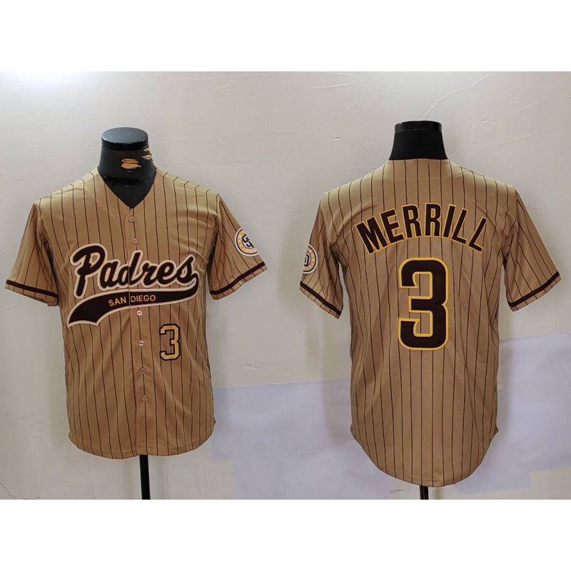 San Diego Padres #3 Jackson Merrill Tan KLUNKIM 2023 Cool Base Stitched Jerseys