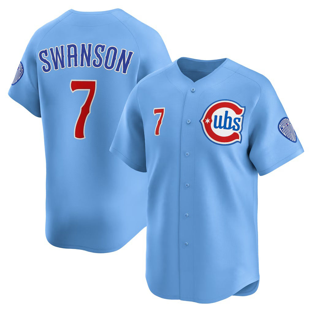 Chicago Cubs #7 Dansby Swanson Baby Blue KLUNKIM 2nd Alternate Limited Player Jersey