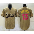 San Diego Padres #13 Manny Machado Tan KLUNKIM Pinstripe 2023 City Connect Cool Base Stitched Jersey 2