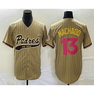 San Diego Padres #13 Manny Machado Tan KLUNKIM Pinstripe 2023 City Connect Cool Base Stitched Jersey 2