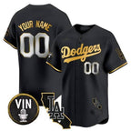 Custom Los Angeles Dodgers Vin & California Patch Gold Trim Vapor Premier Limited Jersey - All Stitched-Black KLUNKIM