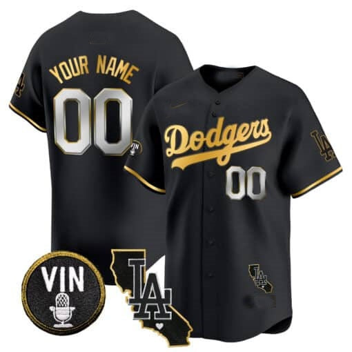 Custom Los Angeles Dodgers Vin & California Patch Gold Trim Vapor Premier Limited Jersey - All Stitched-Black KLUNKIM