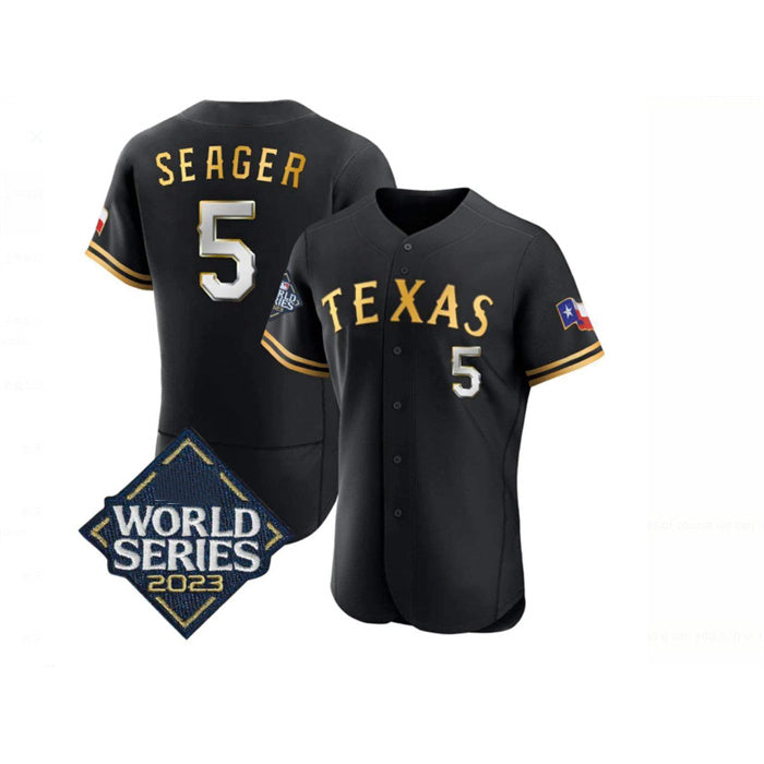Texas Rangers #5 Corey Seager Black Gold KLUNKIM 2023 World Series Flex Base Stitched Jersey