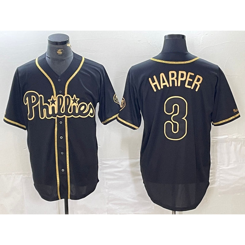 Philadelphia Phillies #3 Bryce Harper Black Gold KLUNKIM Cool Base Stitched Jersey