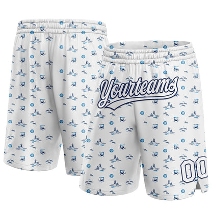 Custom White Navy 3D Pattern Fish And Ships Authentic Basketball Shorts