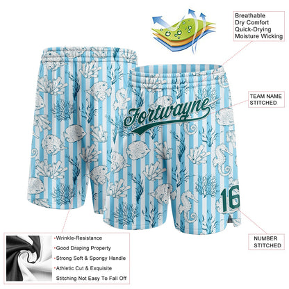 Custom Light Blue Midnight Green-White 3D Pattern Coral Fish And Seahorse Authentic Basketball Shorts