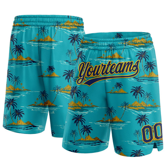 Custom Teal Navy-Yellow 3D Pattern Hawaii Palm Trees And Island Authentic Basketball Shorts