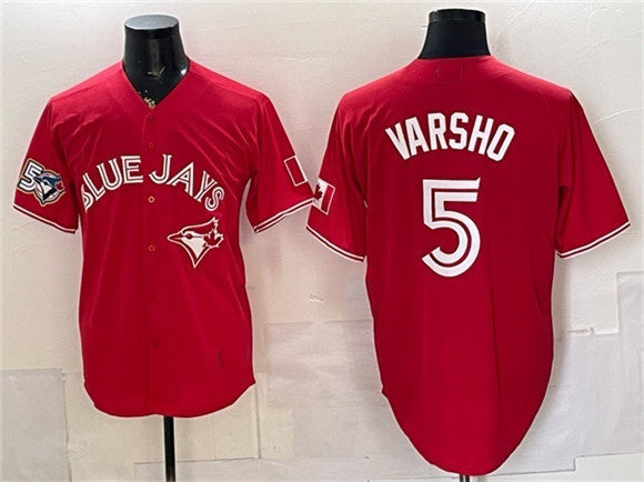 Toronto Blue Jays #5 Daulton Varsho Red KLUNKIM 50 Seasons Patch Stitched Jersey