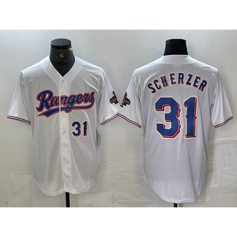 Texas Rangers #31 Max Scherzer Number White KLUNKIM 2023 World Series Champions Cool Base Jerseys