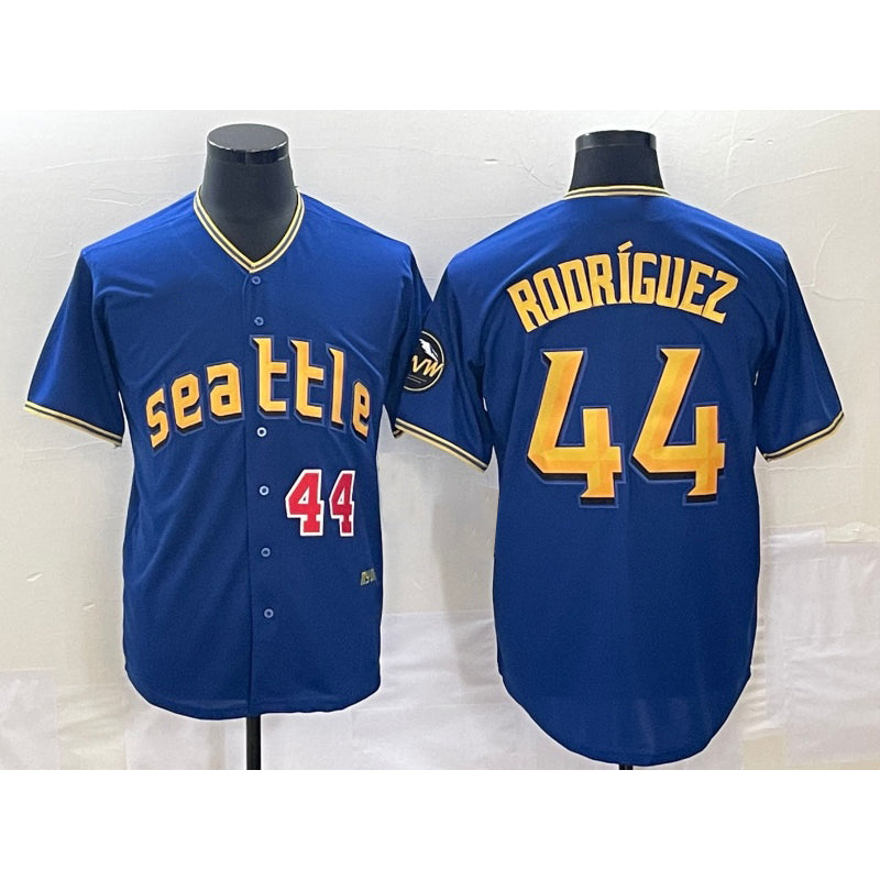 Seattle Mariners #44 Julio Rodriguez Number Blue KLUNKIM 2023 City Connect Cool Base Stitched Jersey 1