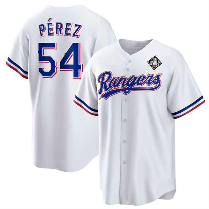 Texas Rangers #54 Mart¨ªn P¨¦rez White KLUNKIM 2023 World Series Stitched Jersey