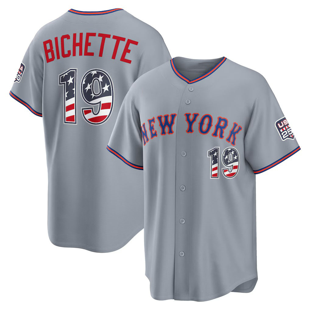 New York Mets #19 Bo Bichette USA 250 Fourth of July Road Stadium Jersey - Gray KLUNKIM