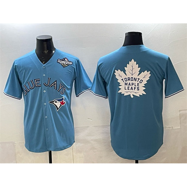 Toronto Blue Jays & Leafs Blue KLUNKIM 2025 World Series With White Leafs Logo Cool Base Stitched Jersey