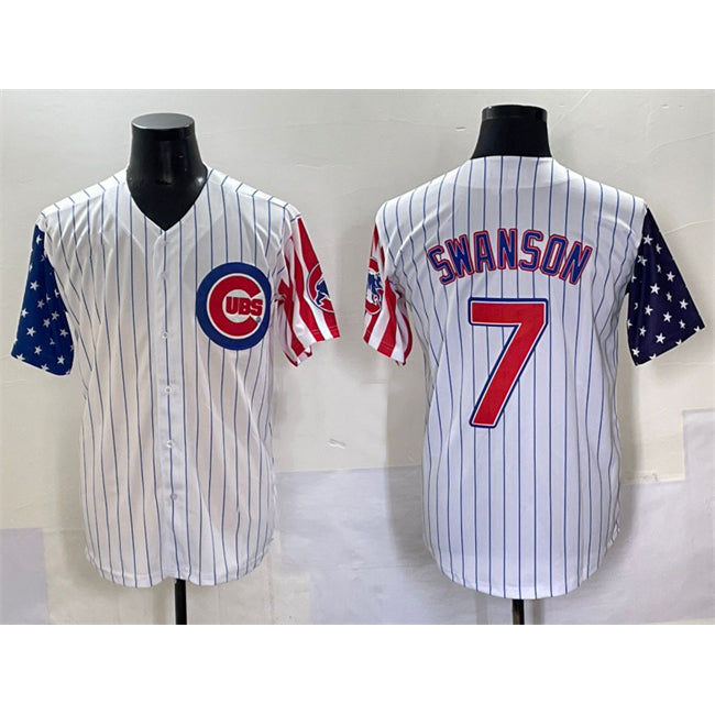 Chicago Cubs #7 Dansby Swanson White KLUNKIM Pinstripe 2025 Independence Day Vapor Premier Limited Stitched Jersey