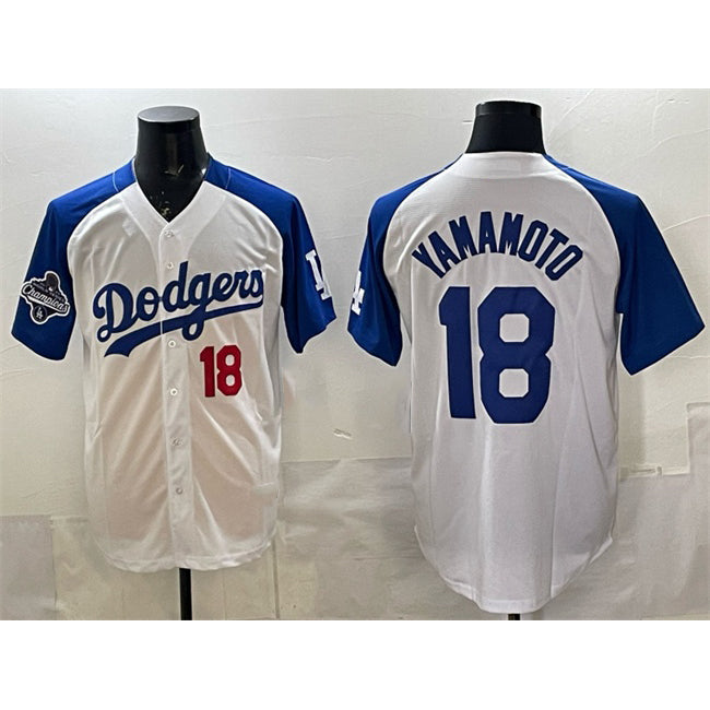 Los Angeles Dodgers #18 Yoshinobu Yamamoto White Royal KLUNKIM 2025 World Series Champions Patch Limited Stitched Jersey